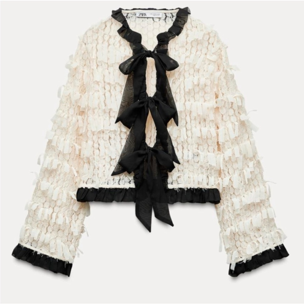 Zara Cream and Black Bow Fringe Ruffle Lace Cardigan